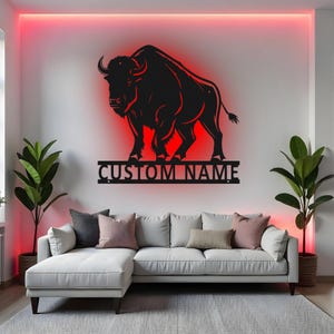 Custom Bison bord led metalen muurkunst, gepersonaliseerd decor wilde dieren, naambord buffel, rustiek cabinedecor, cadeau voor jager