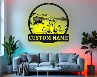 Custom Electric Guitar Sign LED Metal Wall Art, Personalized Guitarist Gift, Musician Decor for Studio, Music Room Sign