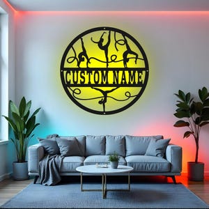 Custom Gymnastics Sign LED Metal Wall Art, Personalized Gymnast Decor, Gymnastics Gift for Girls Room, Gymnast Name Metal Wall Art