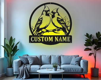 Custom Cardinal Bird Sign LED Metal Wall Art, Personalized Couple Name Sign, Cardinal Decor for Living Room, Wedding Gift