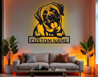 Custom Mastiff Dog Sign LED Metal Wall Art, Personalized Dog Name Decor, Mastiff Owner Gift, Dog Lover Room Decor