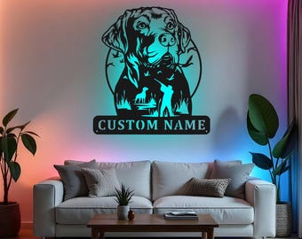 Letrero de caza de patos personalizado, arte de pared de metal LED, regalo de cazador personalizado, decoración de perro de caza, letrero de cueva de cazador