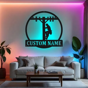 Custom Lineman Sign LED Metal Wall Art, Personalized Lineman Gift, Power Lineman Decor, Utility Worker Room Decoration
