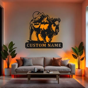 Custom Bison Sign LED Metal Wall Art, Personalized Wildlife Name Sign, Rustic Buffalo Decor for Cabin, Hunting Lodge Gift