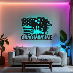 Custom Bowling Sign LED Metal Wall Art, Personalized Bowler Name Decor, Bowling Team Gift, Boys Room Sports Decor