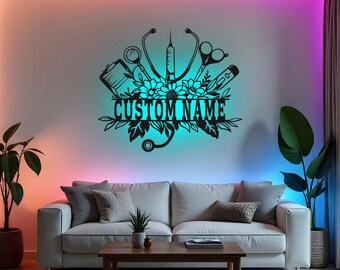 Placa de parede de metal com LED personalizada para enfermeira, decoração floral personalizada para enfermeira, presente de formatura em enfermagem, placa para sala de enfermeira
