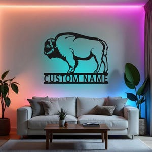 Custom Bison Sign LED Metal Wall Art, Personalized Buffalo Decor, Wildlife Name Sign, Rustic Home Decor