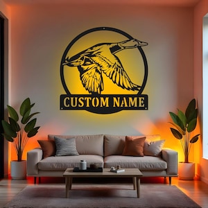 Custom Duck Sign LED Metal Wall Art, Personalized Flying Duck Hunting Decor, Hunter Gift for Cabin, Lodge or Man Cave