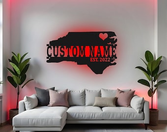Custom North Carolina Sign LED Metal Wall Art, Personalized State Decor, NC Home Gift, North Carolina Wall Decor