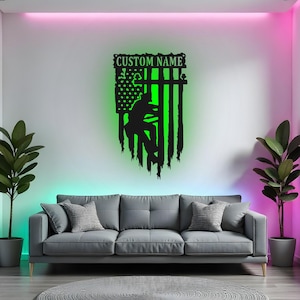 Custom Lineman Sign LED Metal Wall Art, Personalized Gift For Electrician, Lineman American Flag Decor, Power Lineman Room Decoration