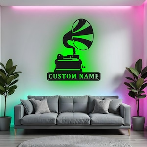Custom Phonograph Sign LED Metal Wall Art, Personalized Record Player Decor, Gramophone Music Room Gift
