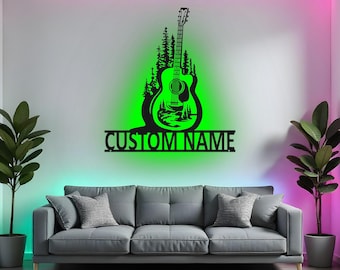 Custom Acoustic Guitar Sign LED Metal Wall Art, Personalized Guitarist Gift, Music Room Decor, Guitar Player Gift Idea