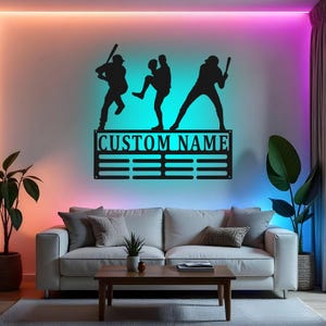 Placa de beisebol personalizada com LED, arte de parede em metal, porta-medalhas personalizado, presente para jogador de beisebol, decoração para sala de esportes