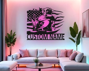 Letrero de caza de patos personalizado, arte de pared de metal LED, decoración de cazador personalizada, regalo de perro de caza, letrero de cueva de cazador