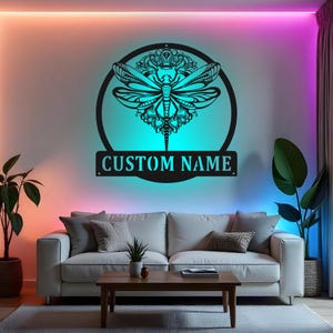 Custom Dragonfly Sign LED Metal Wall Art, Personalized Dragonfly Decor, Bedroom Wall Decor, Gift for Nature Lover