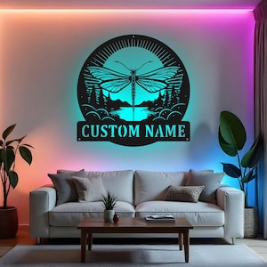 Custom Dragonfly Sign LED Metal Wall Art, Personalized Dragonfly Decor, Nature Lover Gift, Garden Patio Wall Decor