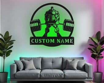 Custom Powerlifting Sign LED Metal Wall Art, Personalized Weightlifting Decor, Gym Wall Art Gift for Athlete, Fitness Room Decor
