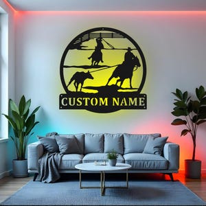 Custom Team Roper Sign LED Metal Wall Art, Personalized Cowboy Horse Decor, Rodeo Gift, Western Ranch Home Decor