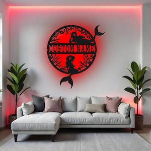 Custom Mermaid Sign LED Metal Wall Art, Personalized Mermaid Nursery Decor, Ocean Theme Gift for Girls Room