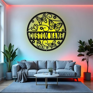 Custom Butterfly Sign LED Metal Wall Art, Personalized Name Decor, Butterfly Nursery Room Decoration, Gift for Girls Bedroom