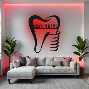 Custom Dental Office Sign LED Metal Wall Art, Personalized Dentist Clinic Decor, Tooth Design Sign, Gift for Dentist
