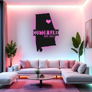 Arte de parede de metal LED personalizada do Alabama, decoração com mapa estadual personalizado, presente para casa no Alabama, arte de parede de metal LED para sala de estar