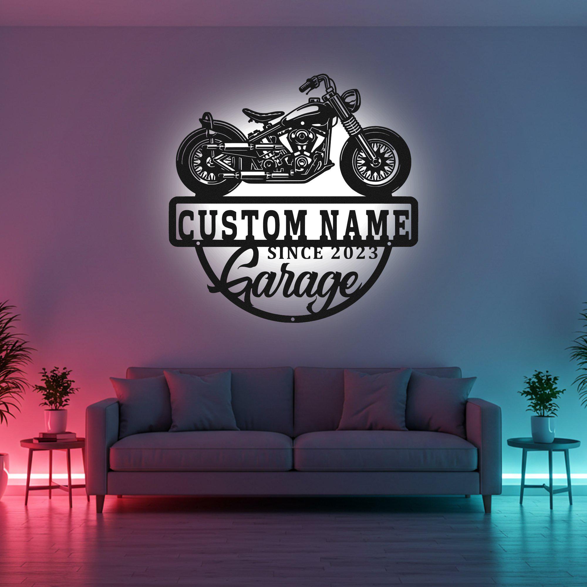 Custom Motorcycle Sign LED Metal Wall Art, Personalized Biker Garage ...