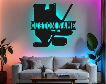 Custom Hockey Sign LED Metal Wall Art, Personalized Hockey Player Decor, Sports Room Gift, Hockey Team Wall Decor