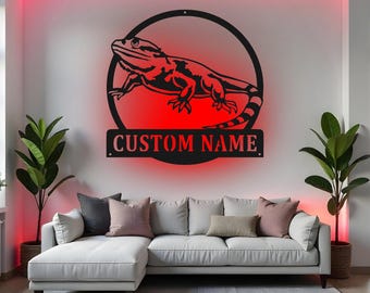 Benutzerdefinierte Bearded Dragon Zeichen LED Metall Wand Kunst, personalisierte Reptil Haustier Name Zeichen, Bearded Dragon Liebhaber Geschenk, Raumdekor