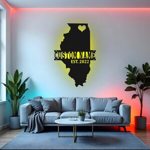 Custom Illinois Sign LED Metal Wall Art, Personalized State Map Decor, Illinois Home Gift, Living Room Wall Decor