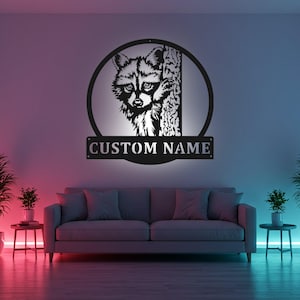 Custom Raccoon Sign LED Metal Wall Art, Personalized Wildlife Decor, Woodland Animal Nursery Decor, Gift for Animal Lover