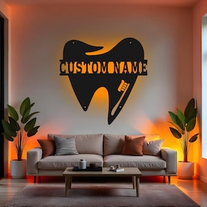 Custom Dental Office Sign LED Metal Wall Art, Personalized Dentist Gift, Tooth Decor for Clinic, Dentist Office Decoration