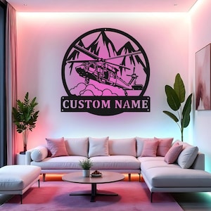 Custom Helicopter Sign LED Metal Wall Art, Personalized Aviation Pilot Gift, Military Aircraft Decor for Man Cave