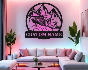 Letrero de helicóptero personalizado, arte de pared de metal LED, regalo de piloto de aviación personalizado, decoración de avión militar para cuevas de hombres