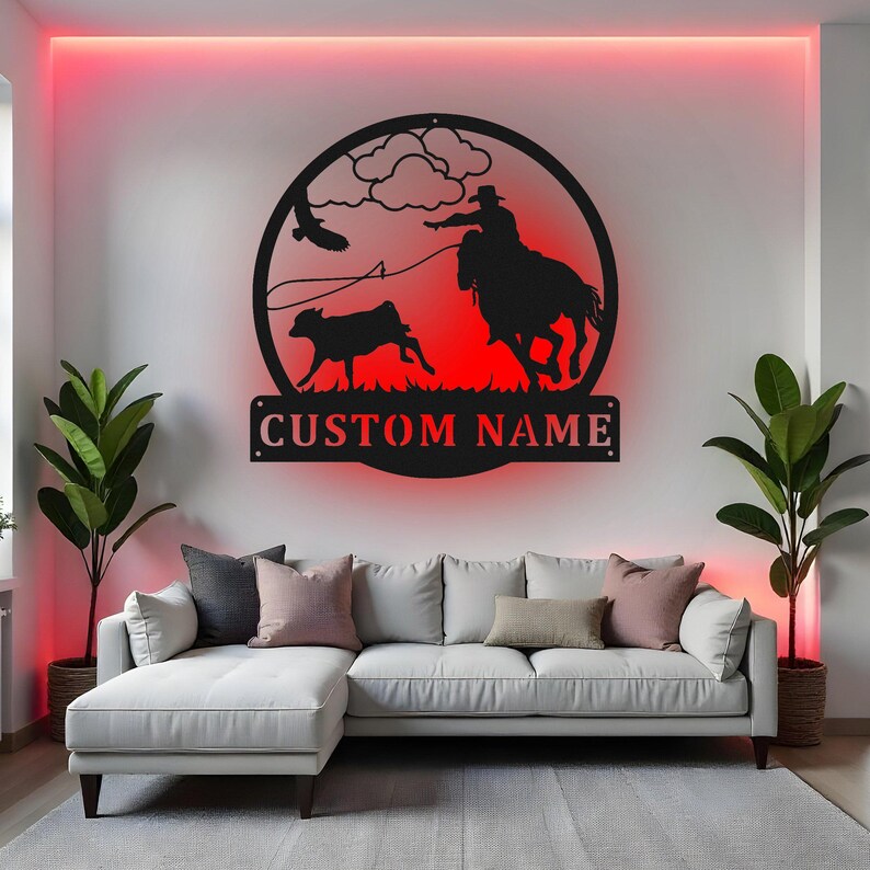 Custom Calf Roping Sign LED Metal Wall Art, Personalized Cowboy Rodeo ...