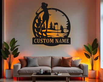 Letrero de golfista personalizado, arte de pared de metal LED, decoración de golf personalizada, regalo de golfista para mujeres, decoración de habitación para amantes del golf