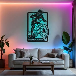 Custom Mountain Biker Sign LED Metal Wall Art, Personalized Cycling Gift, Mountain Bike Decor for Man Cave, Bike Rider Wall Decor