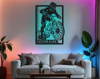 Enseigne de motard personnalisée LED, art mural en métal LED, cadeau vélo personnalisé, décoration VTT pour homme des cavernes, décoration murale motard