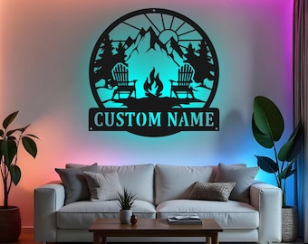Letrero de camping personalizado, arte mural metálico LED, decoración personalizada para caravanas, decoración de pared para camping de aventura al aire libre, regalo para campistas