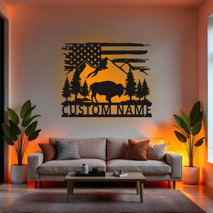 Custom Bison Sign LED Metal Wall Art, Personalized Buffalo Name Decor, Wildlife Wall Decor, Cabin Lodge Gift