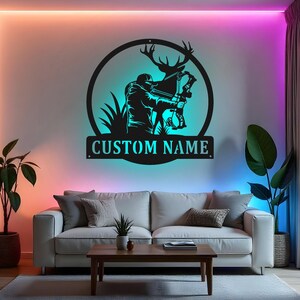 Custom Bow Hunter Sign LED Metal Wall Art, Personalized Archery Decor, Hunting Gift for Him, Bow Hunting Metal Wall Art