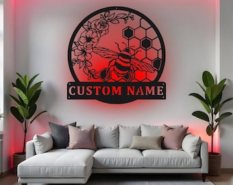 Custom Honey Bee Sign LED Metal Wall Art, Personalized Floral Bee Decor, Beekeeper Gift, Honeycomb Room Decoration