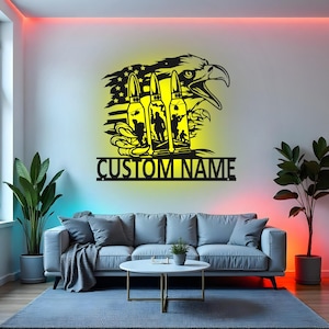 Custom Soldier Sign LED Metal Wall Art, Personalized Military Eagle Decor, Patriotic Gift for Veterans, Army Wall Decor