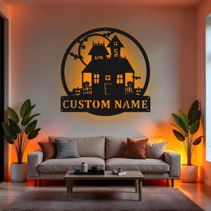Custom Haunted House Sign LED Metal Wall Art, Personalized Halloween Decor, Spooky Family Name Sign, Halloween Party Home Decoration