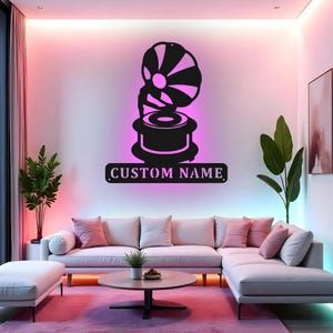 Custom Phonograph Sign LED Metal Wall Art, Personalized Record Player Decor, Gramophone Music Lover Gift, Vintage Room Decoration