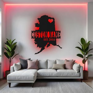 Art mural LED en métal personnalisé de l'Alaska, décoration personnalisée de carte d'état, cadeau pour la maison de l'Alaska, art mural en métal pour le salon