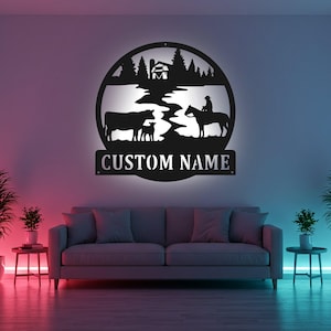 Custom Cow Farm Sign LED Metal Wall Art, Personalized Farmhouse Decor, Cow Farmer Gift, Rustic Home Decoration