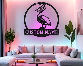 Letrero de pelícano personalizado con LED, arte de pared de metal, decoración de pájaro personalizada, decoración costera para el hogar, regalo único para amantes de la playa