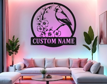 Custom Cardinal Bird Sign LED Metal Wall Art, Personalized Bird Lover Gift, Cardinal Decor for Living Room