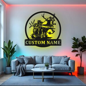 Custom Bow Hunting Sign LED Metal Wall Art, Personalized Deer Hunter Decor, Hunting Gift for Him, Man Cave Wall Decor
